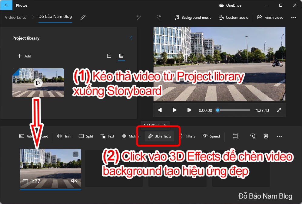 Cách chèn background vào video: Đầu tiên, bạn click vào 3D Effects