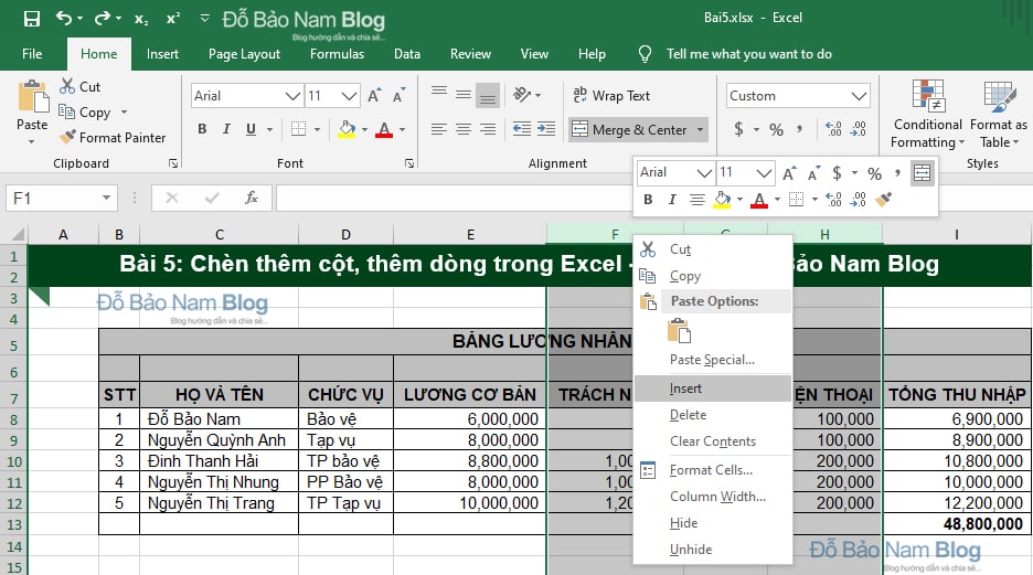 Cách chèn thêm nhiều cột vào Excel