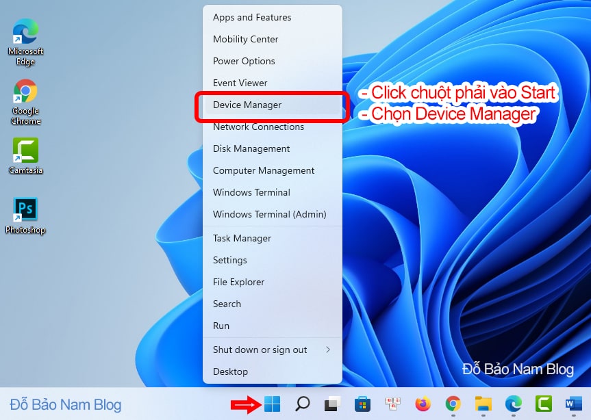 Mở Device Manager từ nút Start