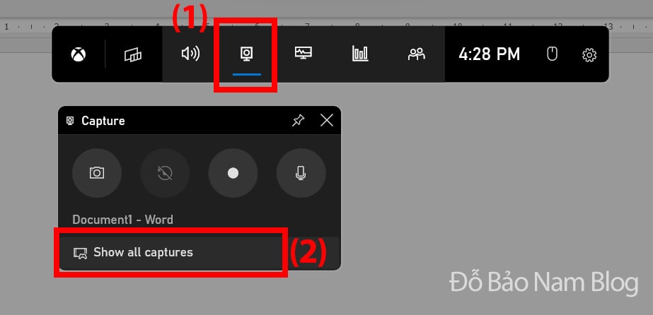 Nhấn tổ hợp phím Windows + G để mở hộp thoại Xbox Game Bar, sau đó click theo thứ tự trong ảnh.