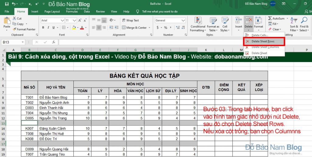 Cách xóa dòng trống trong Excel - Bước 03