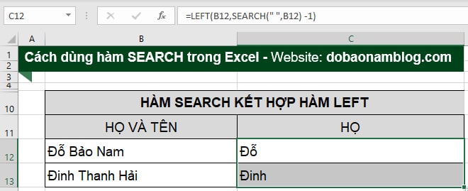 Kết quả của hàm Left kết hợp hàm Search trong Excel
